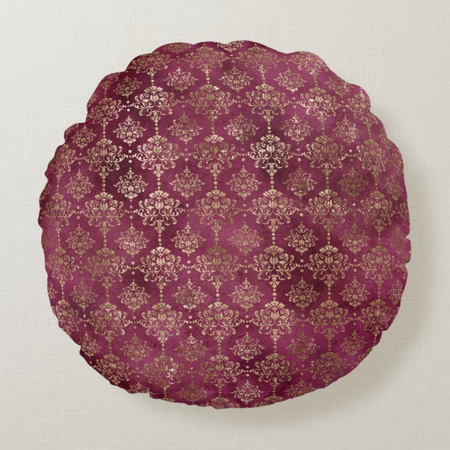 Burgundy Red Guld Damask Rund Kudde (Framsidan)