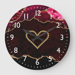 Burgundy Red & Guld Faux Glitter Agate & Heart Stor Klocka