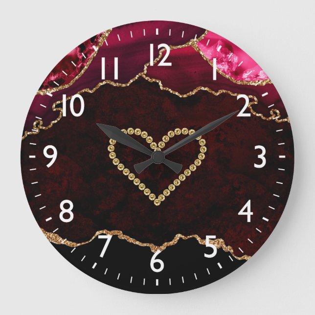 Burgundy Red & Guld Faux Glitter Agate & Heart Stor Klocka (Framsida)