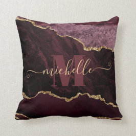 Burgundy Red & Guld Faux Glitter Marble Agate Kudde