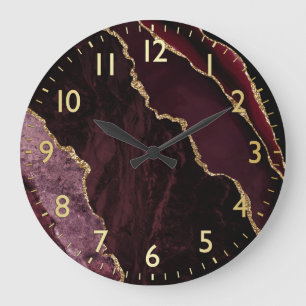 Burgundy Red & Guld Faux Glitter Marble Agate Stor Klocka