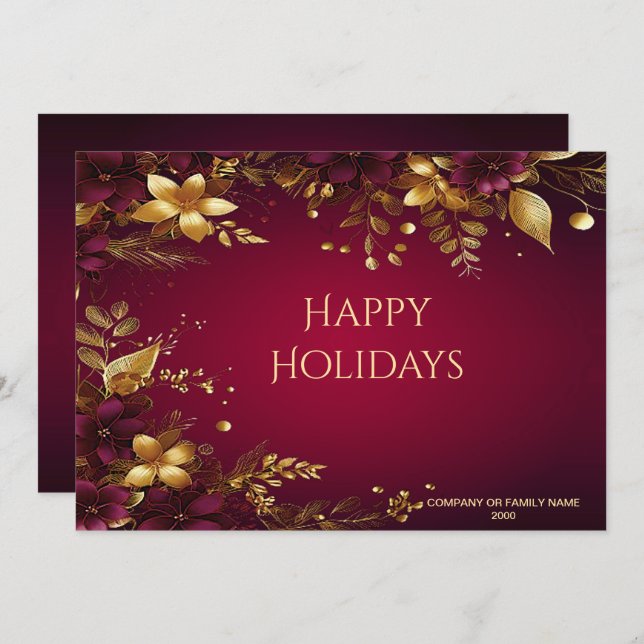 Burgundy Red Guld Flowers Helgdag Card Julkort (Fram/baksida)