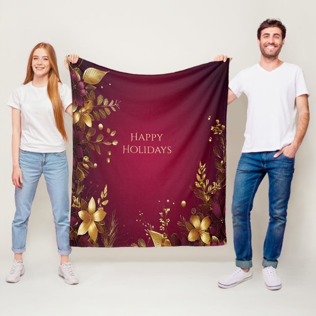 Burgundy Red Guld Flowers Helgdag Fleece Blanket (På plats)