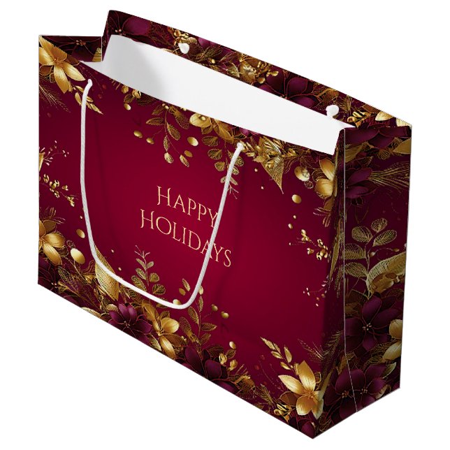 Burgundy Red Guld Flowers Helgdag Gift Bag (Framsidan Vinklad)