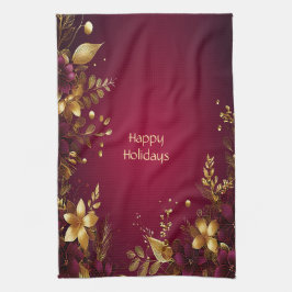Burgundy Red Guld Flowers Helgdag Kitchen Towel Kökshandduk