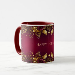 Burgundy Red Guld Flowers Helgdag Mugg