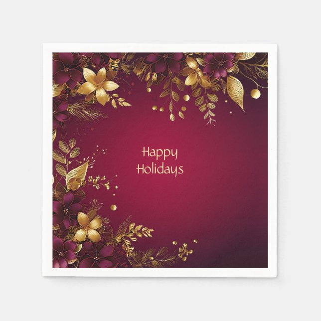Burgundy Red Guld Flowers Helgdag Napkin Pappersservett (Framsidan)