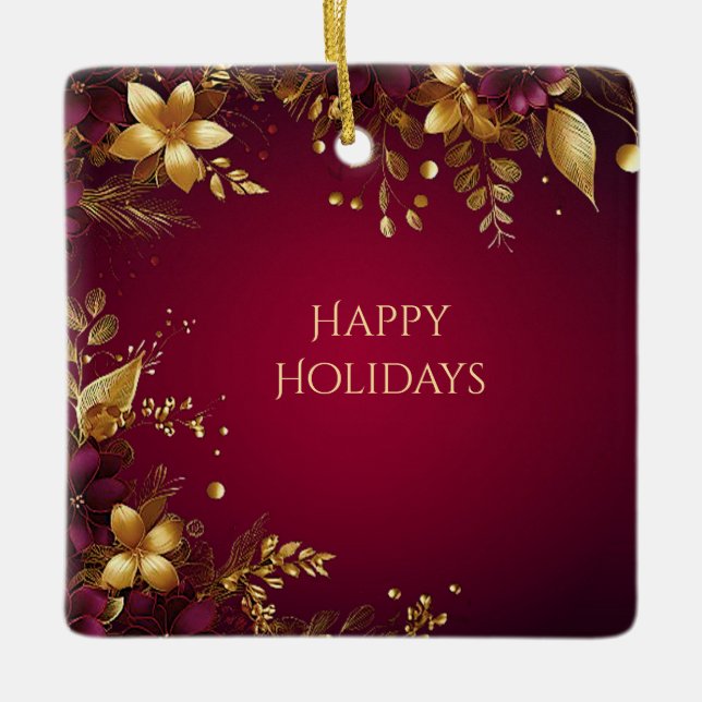 Burgundy Red Guld Flowers Helgdag Ornament (Framsida)