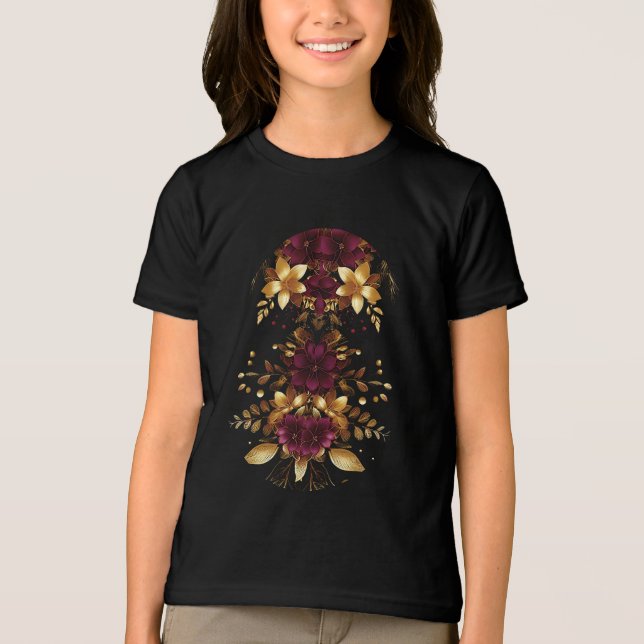 Burgundy Red Guld Flowers Helgdag T-Shirt (Framsida)