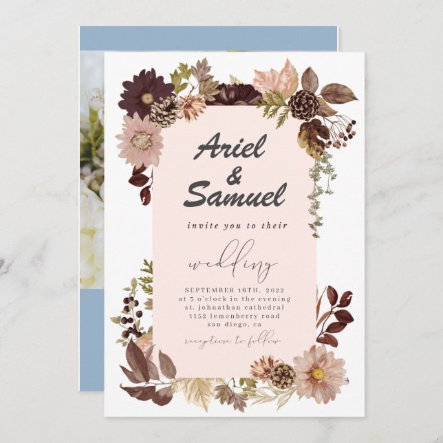 Burgundy Red  Guld Geometric Greenery Bröllop Inbjudningar (Fram/baksida)