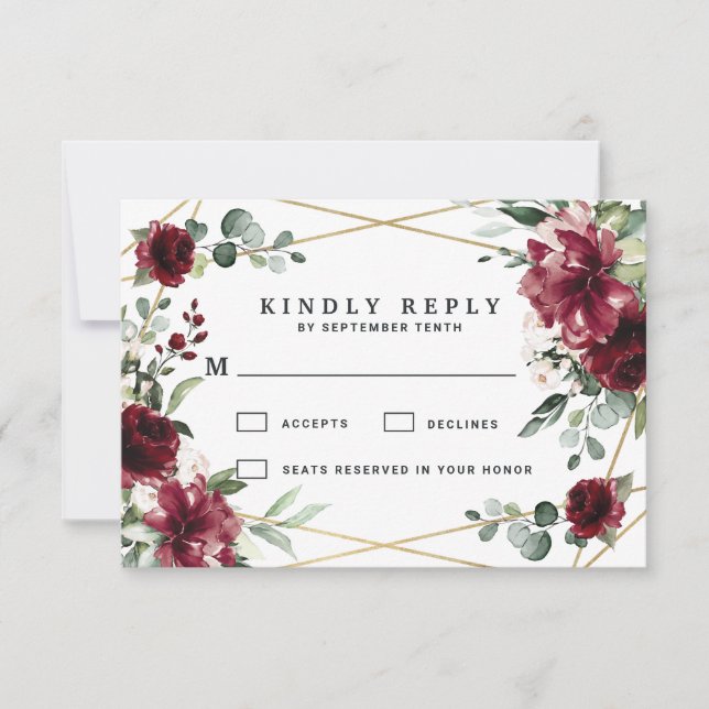 Burgundy Red  Guld Geometric Greenery Bröllop OSA Kort (Framsida)