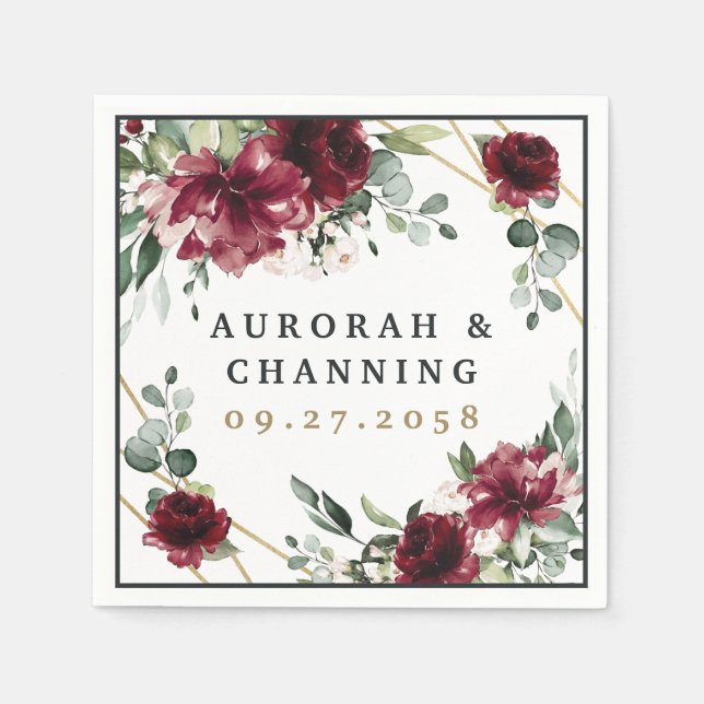 Burgundy Red  Guld Geometric Greenery Bröllop Pappersservett (Framsidan)