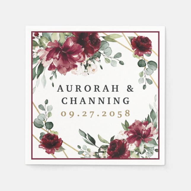 Burgundy Red  Guld Geometric Greenery Bröllop Pappersservett (Framsidan)