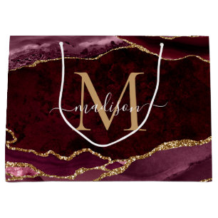 Burgundy Red Guld Glitter Agate Geode Monogram