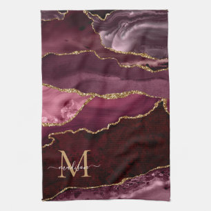 Burgundy Red Guld Glitter Geode Marble Monogram Kökshandduk