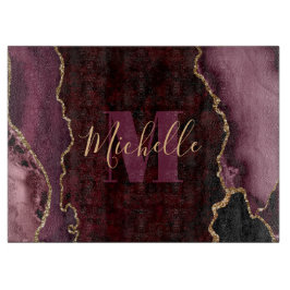 Burgundy Red & Guld Glitter Marble Agate Monogram