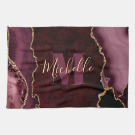 Burgundy Red & Guld Glitter Marble Agate Monogram Kökshandduk
