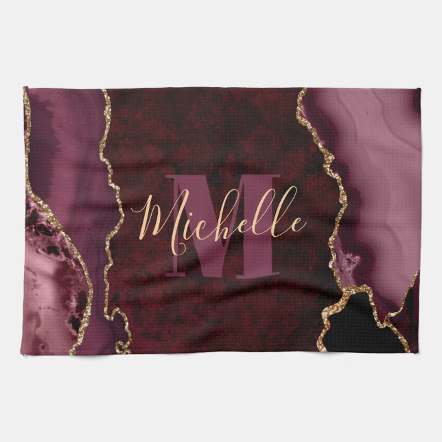 Burgundy Red & Guld Glitter Marble Agate Monogram Kökshandduk (Horisontell)