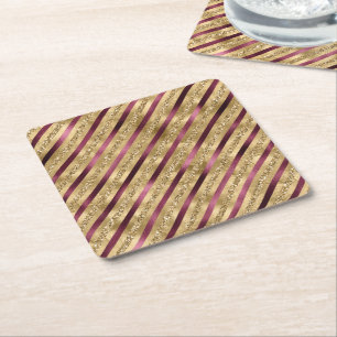 Burgundy Red Guld Glitter Rand Underlägg Papper Kvadrat