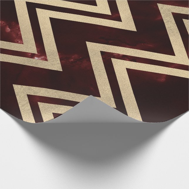 Burgundy Red Guld Marble Zig Zag Chevron Linjer Presentpapper (Hörn)