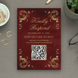 Burgundy Red Guld QR Code OSA Bröllop webbplats Tilläggskort