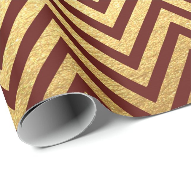 Burgundy Red Guld Rand Linjer Zig Zag Chevron Presentpapper (Rullad Hörn)