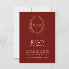 Burgundy red guld ritad löv monogram OSA bröllop Kort