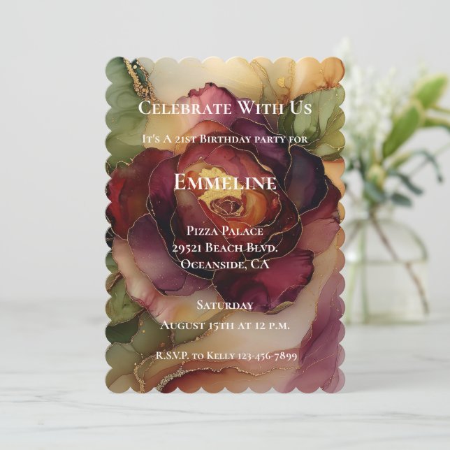 Burgundy Red Guld Ro Blommigt Birthag Inbjudningar (Stående Fram)