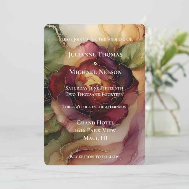 Burgundy Red Guld Ro Blommigt Bröllop II Inbjudningar (Stående Fram)