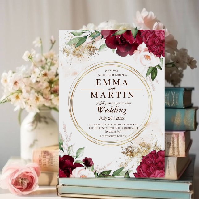 Burgundy Red Guld Ro Flower Elegant bröllop Inbjudningar (Skapare uppladdad)