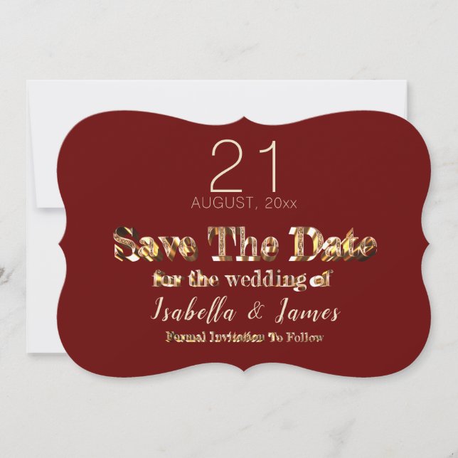 Burgundy Red Guld Script Bröllop spara datum Datumet (Framsida)