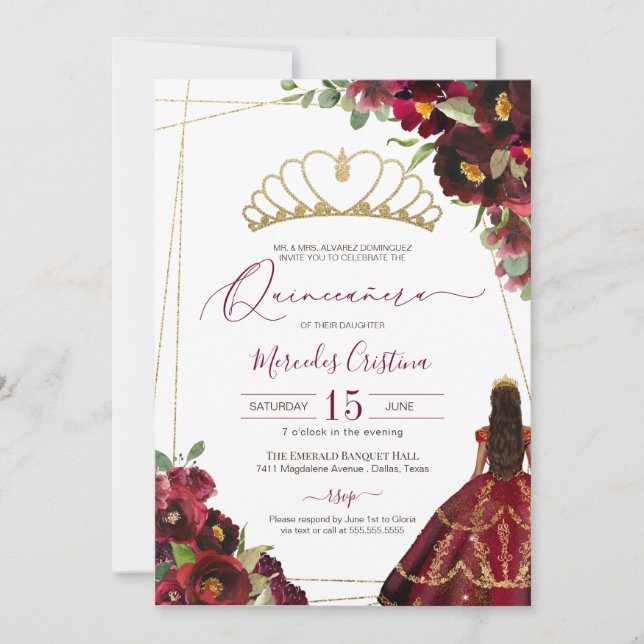 Burgundy Red Guld Watercolor Blommigt Quinceañera  Inbjudningar (Framsida)