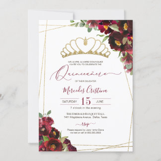 Burgundy Red Guld Watercolor Blommigt Quinceañera Inbjudningar