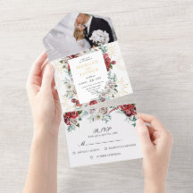 Burgundy Red Ivory Blommigt Guld Coral Bröllop