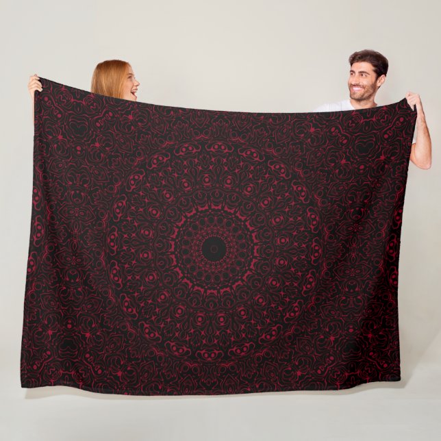 Burgundy Red Mandala med orange symmetri Fleecefilt (På plats)