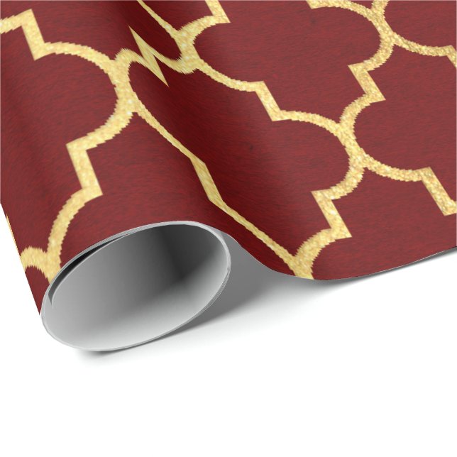Burgundy Red Maroon Golden Quatrefoil Art Deco Presentpapper (Rullad Hörn)
