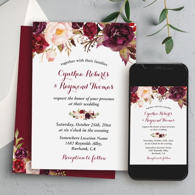 Burgundy Red Marsala Blommigt Chic Fall Wedding Inbjudningar (From rustic to formal indoor affairs, this invitation complements a variety of wedding settings.)