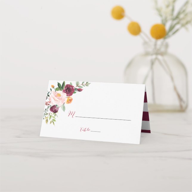 Burgundy Red Marsala Blommigt Place Cards Placeringskort (Framsida)