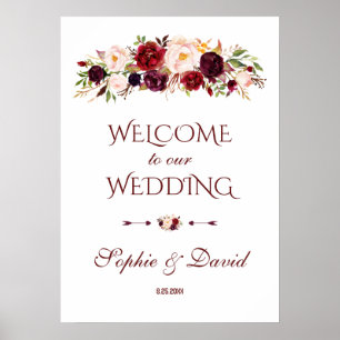 Burgundy Red Marsala Blommigt Välkommen Bröllop-si Poster