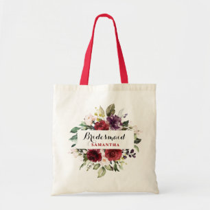 Burgundy Red Navy Blommigt Boho Bridesmaid-gåva Tygkasse