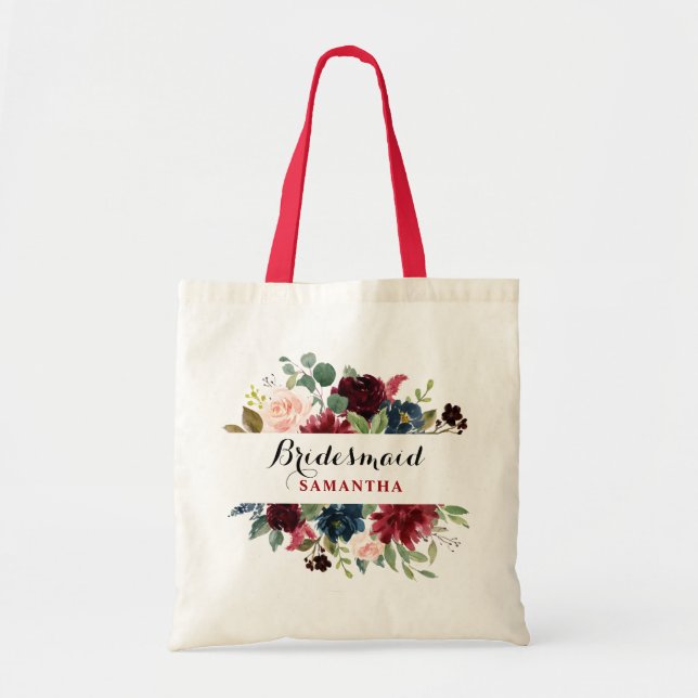 Burgundy Red Navy Blommigt Boho Bridesmaid-gåva Tygkasse (Framsidan)