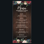 Burgundy Red Navy Blommigt Bröllop Menu Meny<br><div class="desc">Vattenfärg Burgundy Red Navy Blommigt Rustic Boho Wooden-bakgrund Bröllop Menu-rackkort. Perfekt för ett landsbyggsbröllop. Utformningen har en fantastisk bukett av burgundy/Marsala,  persiko,  marinblomma/ro med matchande löv. Hitta fler matchande utformningar och variationer i min "blissweddingpaperie"-butik. Och kontakta mig gärna om du vill ha anpassningsbar.</div>