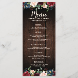Burgundy Red Navy Blommigt Bröllop Menu Meny