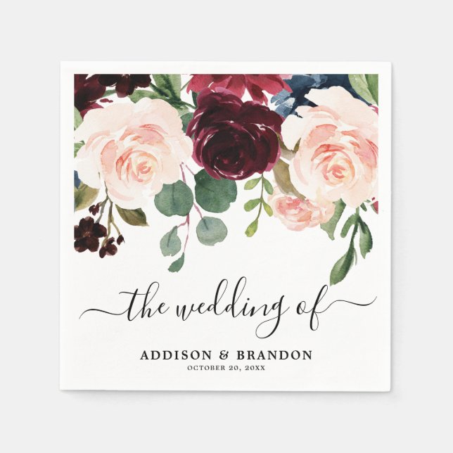 Burgundy Red Navy  Blommigt Bröllop papper Pappersservett (Framsidan)