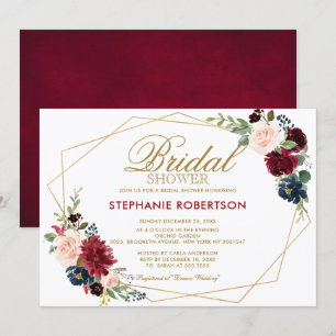 Burgundy Red Navy Blommigt Geometric Möhippa Inbjudningar