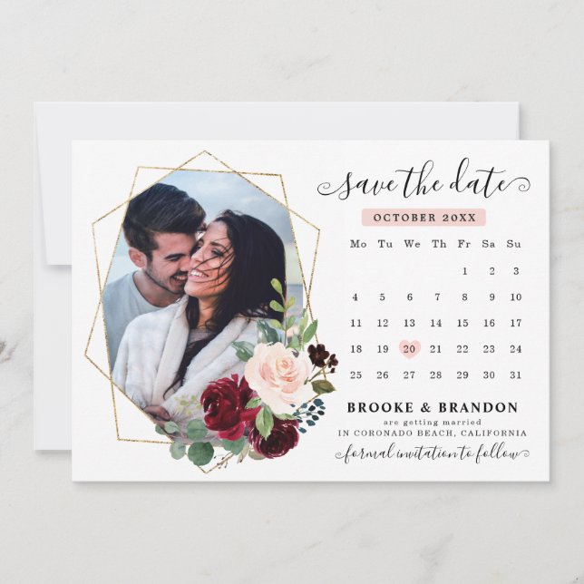 Burgundy Red Navy  Blommigt Photo Save Date Inbjudningar (Framsida)