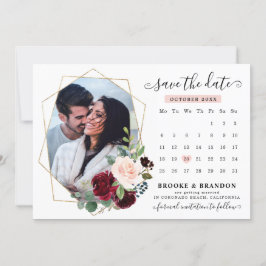 Burgundy Red Navy Blommigt Photo Save Date Inbjudningar