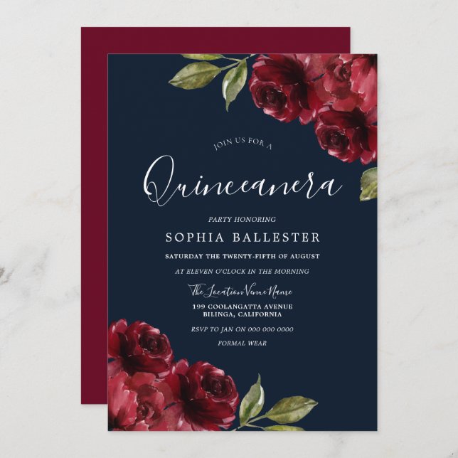 Burgundy Red & Navy Blommigt Quinceanera 15:e Part Inbjudningar (Fram/baksida)