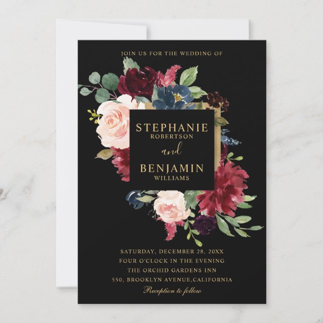 Burgundy Red Navy Blommigt Rustic Boho Bröllop Inbjudningar (Framsida)