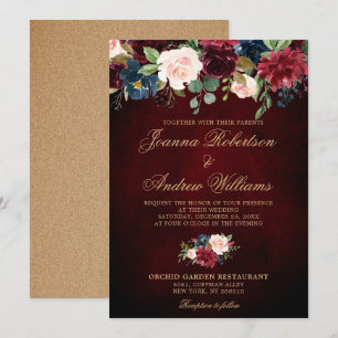 Burgundy Red Navy Blommigt Rustic Boho Bröllop Inbjudningar
